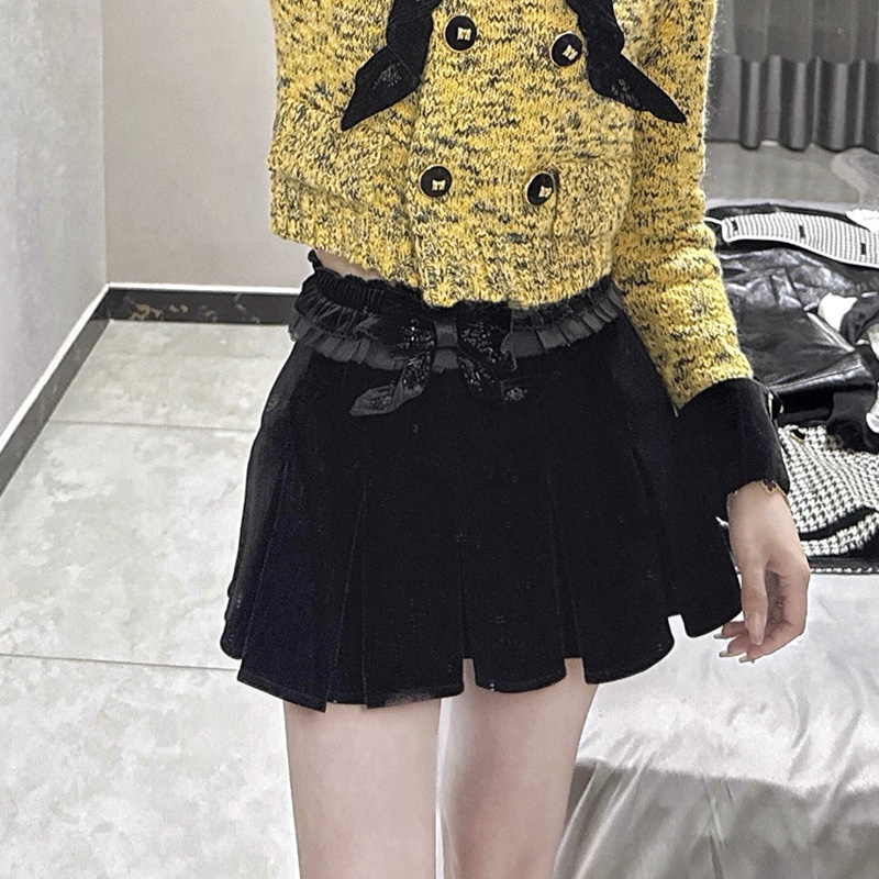 拉拉家2025秋季新款复古黑色蝴蝶结丝绒A字半裙短裙子GQW68231