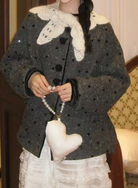 拉家25冬季时尚千金高级披肩式钩花针织毛呢外套上衣女GFC256891