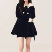 拉拉家25冬季 赫本优雅复古丝绒中长上衣外套女GZJQ68259 新款