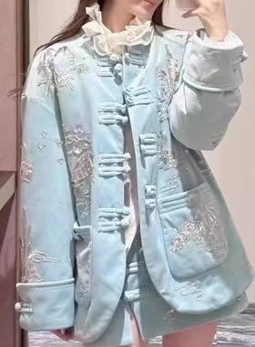 拉拉家冬季青花雅韵新中式改良重工珠片刺绣加厚外套女GZJ68091