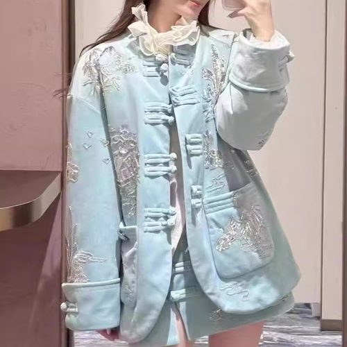 冬季青花雅韵新中式改良重工珠片刺绣加厚外套女GZJ68091