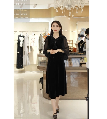 复古V领长袖高腰女装连衣裙