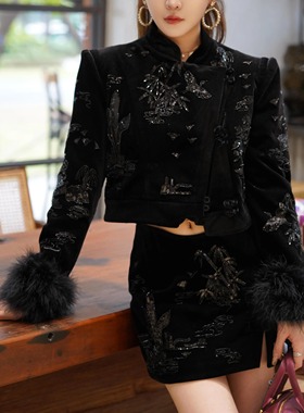 拉拉家冬季新品黑色丝绒中式亭台楼阁绣花短款外套女GZJ68092
