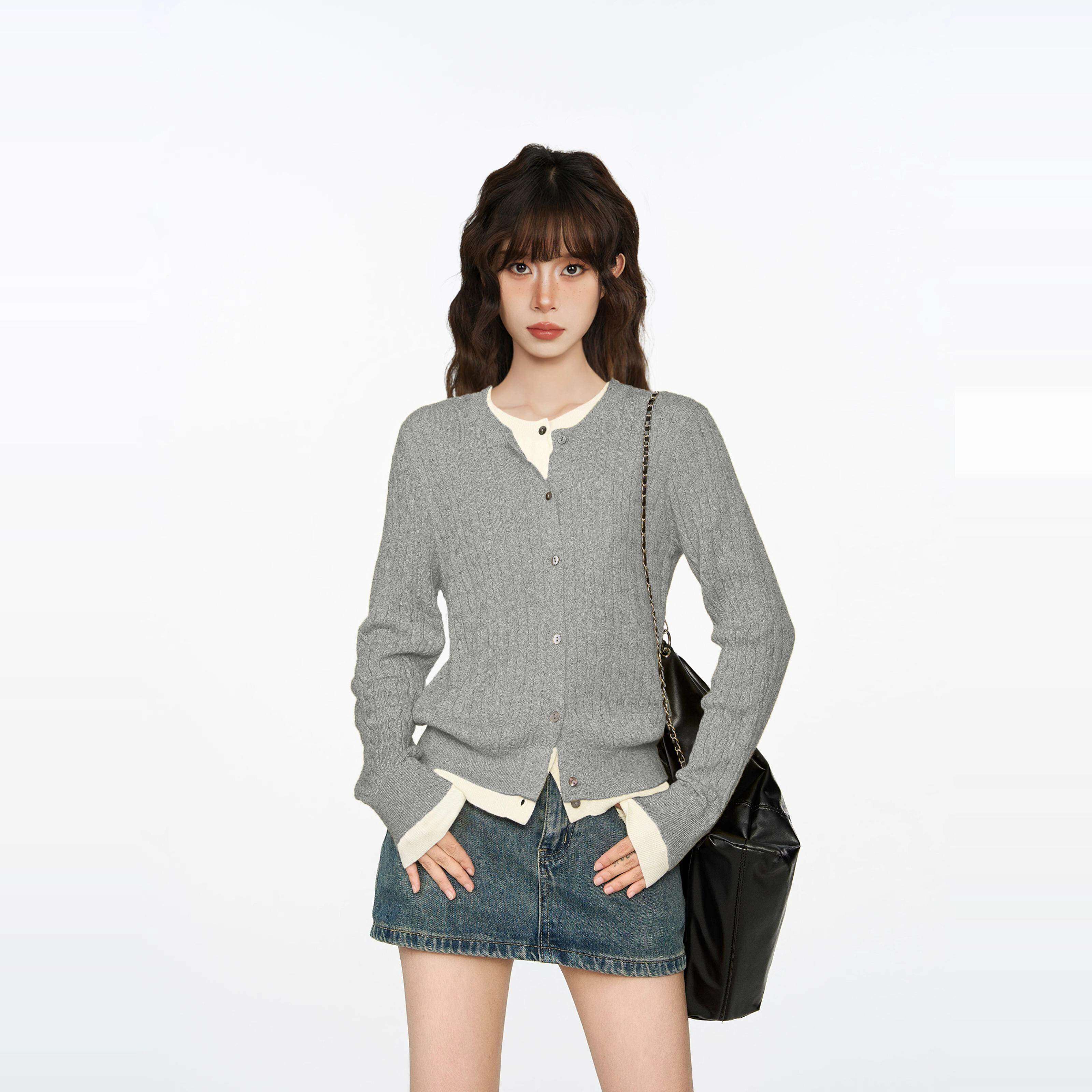 灰色假两件短款针织开衫女秋冬早春季高级感修身内搭毛衣外套上衣