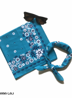 纯棉蓝底白花女生小方巾田园风印花头巾丝巾清新手帕发带头饰春夏