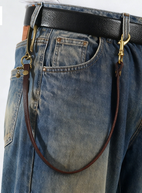 复古手工牛皮钥匙链长款摩托车牛仔风钱包链真皮挂绳挂件带钩扣