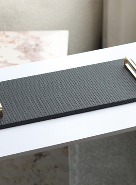 极简轻奢编织斜纹皮革托盘饰品样板房售楼部茶几卧室餐厅桌面摆件