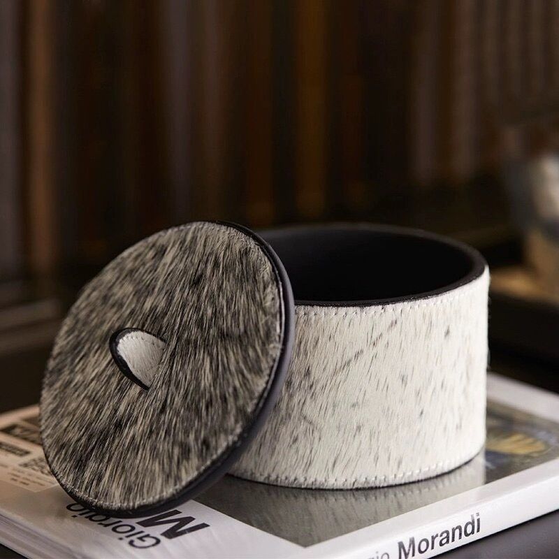 现代轻奢天然灰色马毛圆形首饰盒储物收纳装饰盒摆件桌面样板间