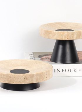 现代极简黄洞石圆形果盘创意家用客厅电视柜茶几桌面收纳展示托盘