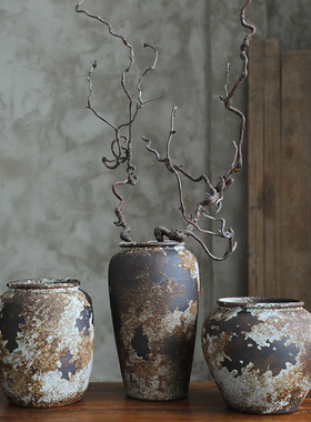 复古侘寂风会所室内花瓶民宿摆件酒店家居陶瓷花瓶禅意粗陶陶罐