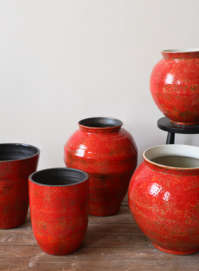 新中式禅意石榴红陶瓷陶罐家居客厅复古干支花瓶茶室摆件大口