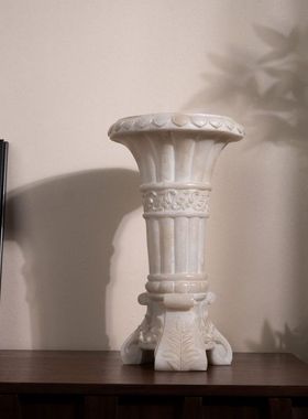 法式中古仿玉石浮雕花瓶插花花器欧式别墅高级艺术摆件乔迁礼品