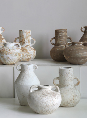 双耳复古怀旧陶瓷花瓶水培家居客厅装饰摆件插花简约白色花器