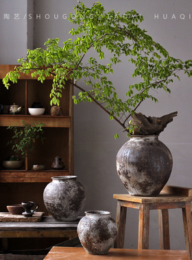 复古寂风会所室内花瓶民宿摆件酒店家居陶瓷花瓶侘禅意粗陶陶罐