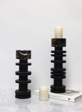 现简约侘寂风黑色洞石大理石竹节烛台摆件餐厅酒店民宿家居饰品