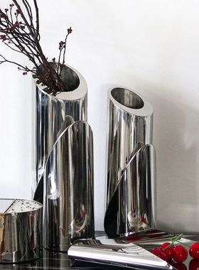 现代样板房不锈钢插花器摆件抽象艺术错位大口径斜口花瓶软装饰品