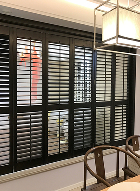 圣德科品牌哑光黑色折叠对开实木活动叶片百叶窗透气百叶门
