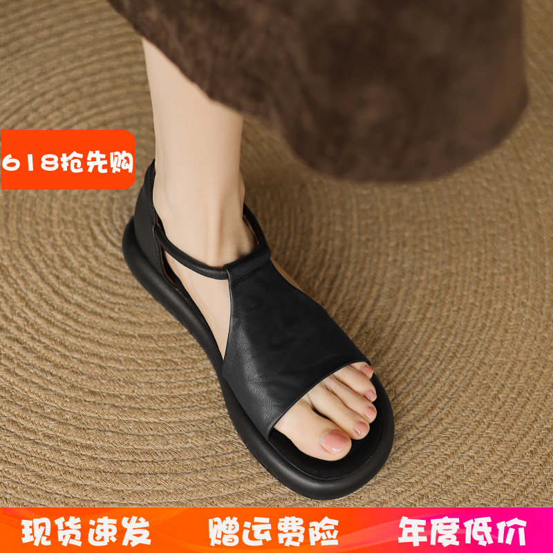 法式平底凉鞋女夏季外穿通勤百搭不累脚复古风露趾厚底休闲罗马鞋
