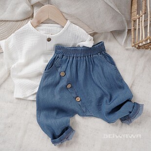 软糯Q弹~夏薄款水洗牛仔棉大pp防蚊裤 男童宝宝高腰大档屁屁跨裤