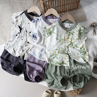 原创定制款儿童人造棉衬衣裤子套装 男童宝宝短袖长裤绵绸两件套