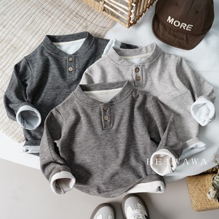 秋冬儿童软糯彩棉打底T恤上衣 男童宝宝森系立领长袖内搭体恤衫