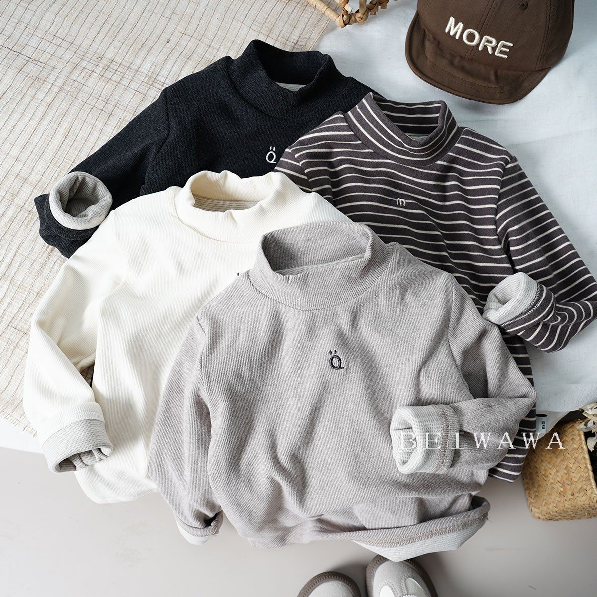 好穿百搭韩系色无骨双层体恤衫春款男女宝宝长袖半高领打底T恤衫