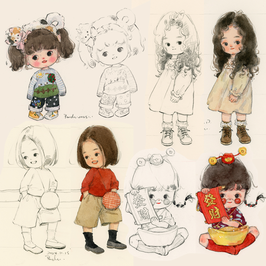 包邮 小熊猫胖哒全身萌宝人物线稿本水彩纸宝虹300g32k手绘卡通