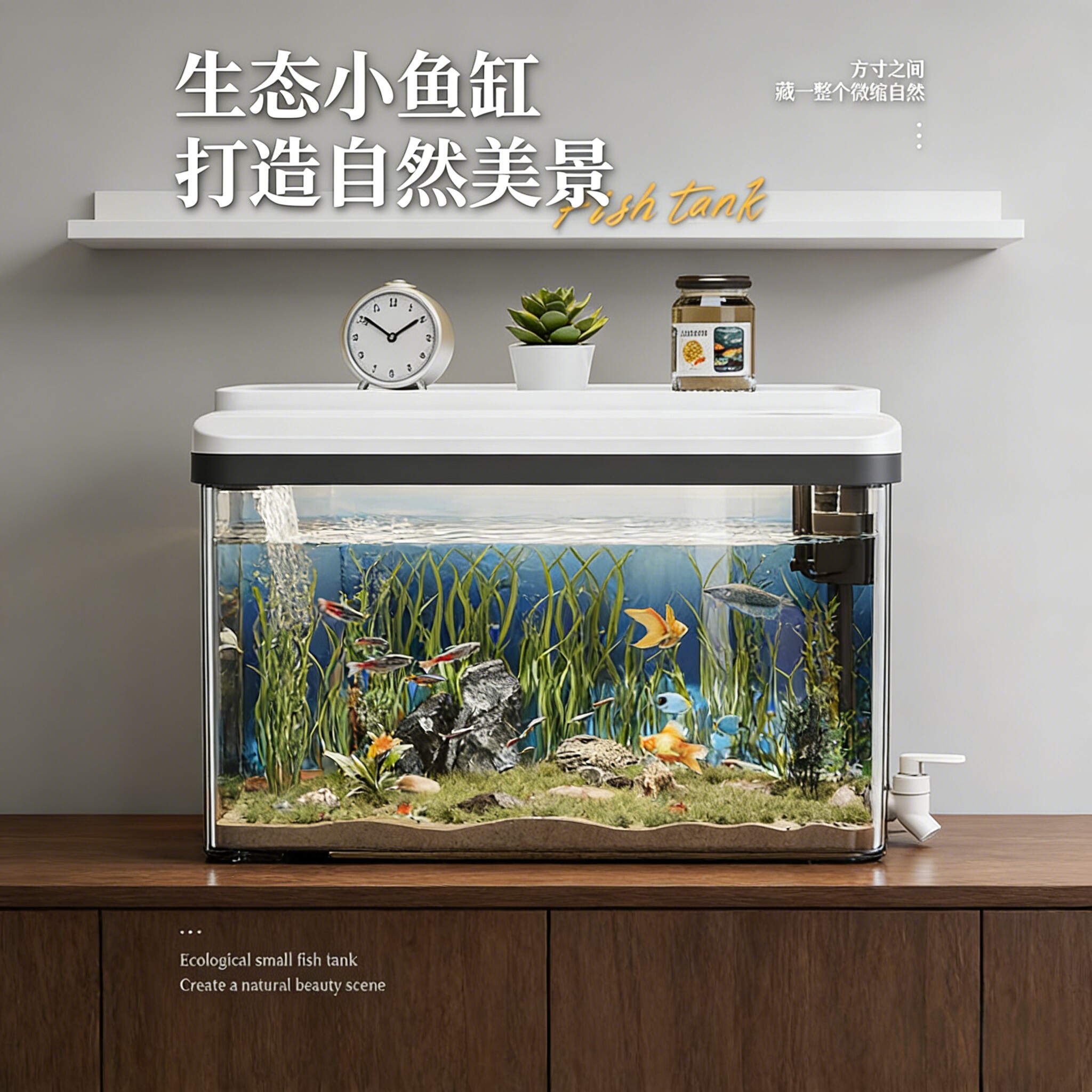 鱼缸过滤制氧一体机2026新款家用客厅免换水生态水族箱小型生态缸