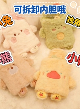 双插手式热水袋注水式暖水袋防爆可爱粉兔毛绒加厚学生暖床暖手宝