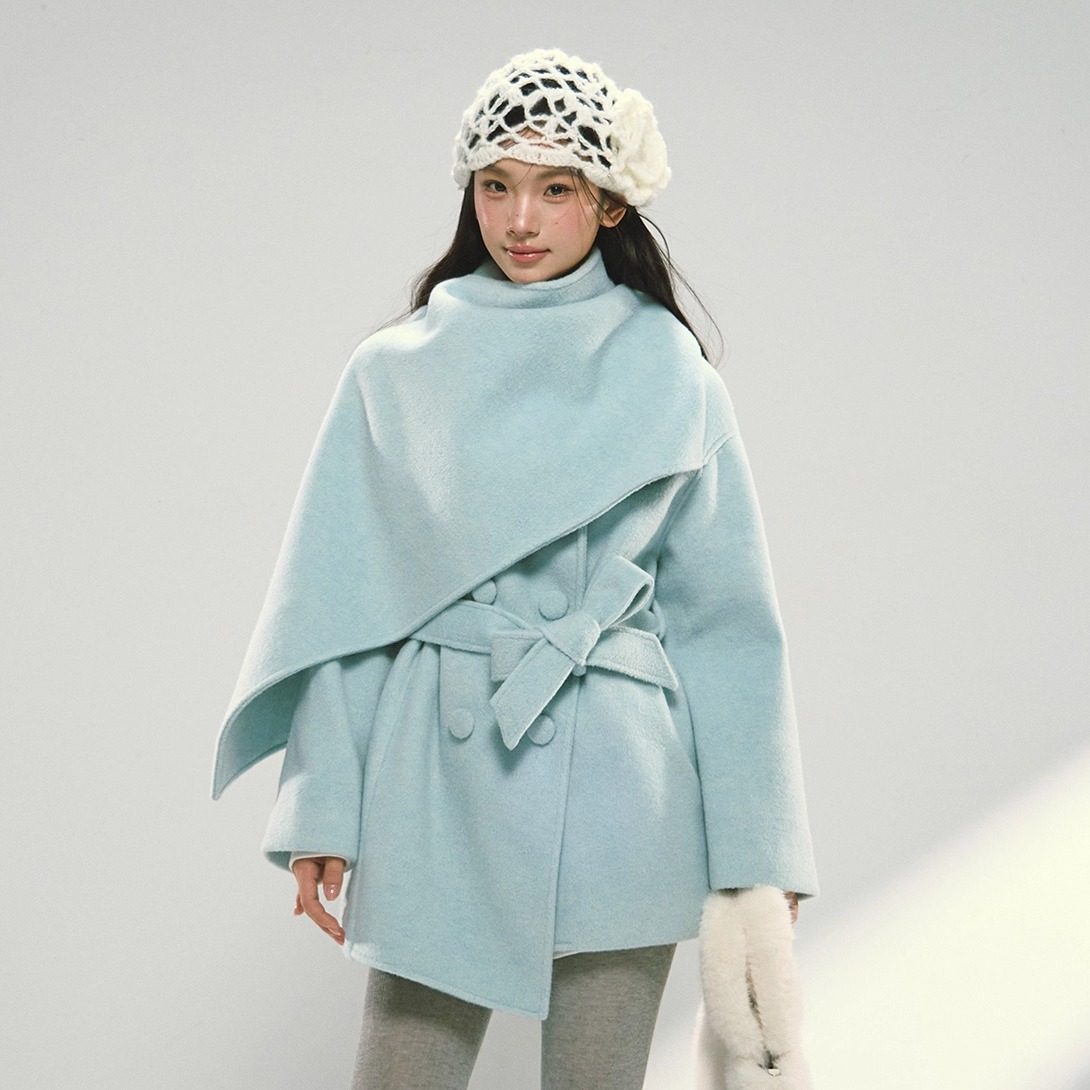Narratorgirls薄荷蓝披肩围巾斗篷系带羊毛大衣毛呢外套冬氛围感,女装/女士精品,毛呢外套,淘宝优惠券,粉丝福利购,淘宝优惠卷