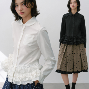 Narratorgirls黑白娃娃领花边长袖 基础百搭叠穿秋 宽松全棉衬衫