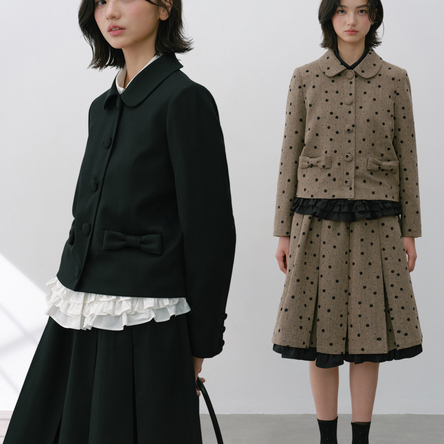 Narratorgirls黑色棕色蝴蝶结短款西装松紧腰百褶裙学院套装秋女