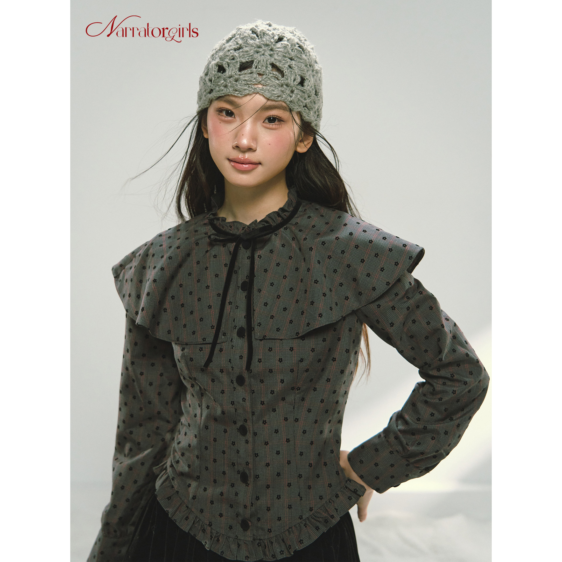 Narratorgirls灰黑色格纹植绒小花斗篷衬衫蝴蝶结复古收腰上衣冬,女装/女士精品,衬衫,淘宝优惠券,粉丝福利购,淘宝优惠卷