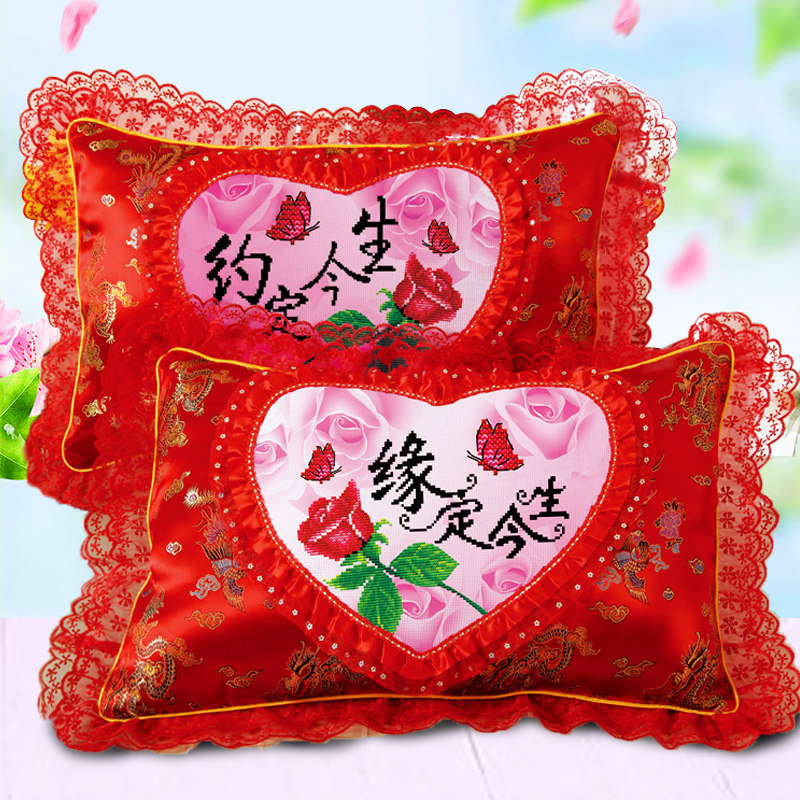 结婚庆5D印花十字绣抱枕蕾丝情侣十字绣单人枕头套一对真爱永恒