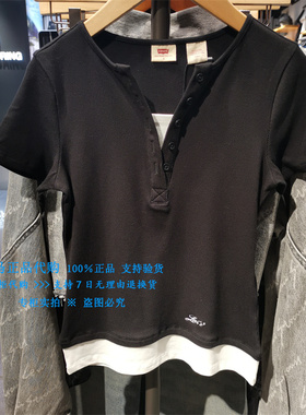 正品Levis李维斯2025黑色纯棉纽扣V领 女士针织短袖T恤003SO-0000