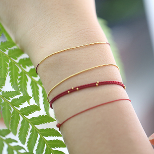 原创18k纯金超闪本命年红绳戒指脚链手链0.8mm巨细时尚简约礼物