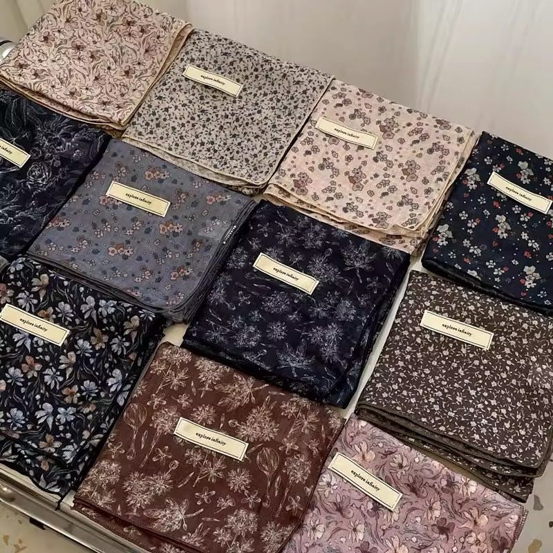 小众设计~春秋新款棉麻小方巾碎花女小丝巾简约高级感职业小领巾