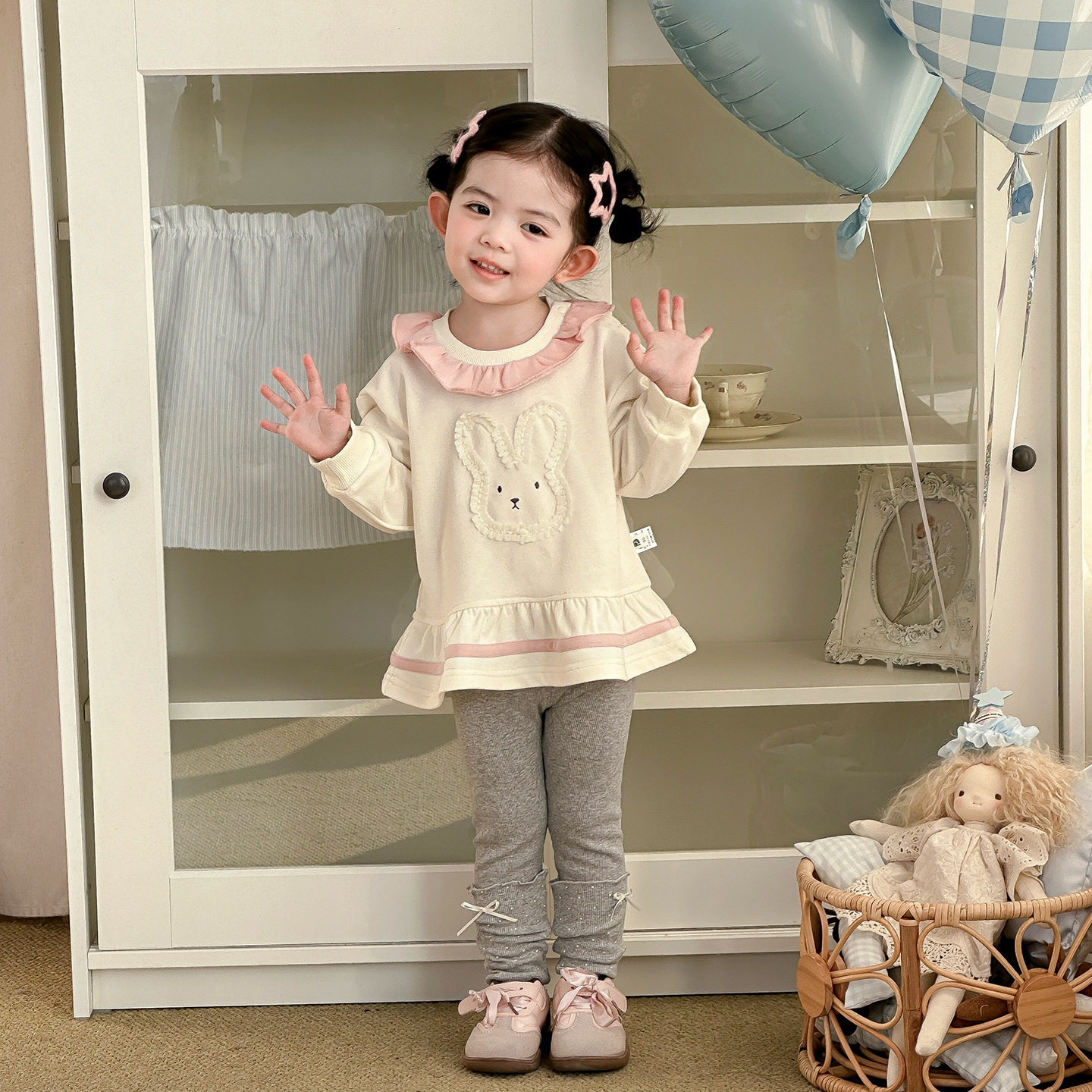 点兮春季新款婴幼儿兔子卫衣裙套装女宝宝卡通上衣打底裤两件套潮