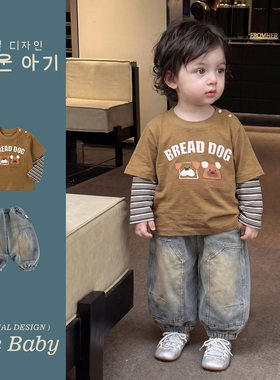 2026新款男童秋季套装一岁小男孩韩系复古牛仔裤两件套男宝宝衣服