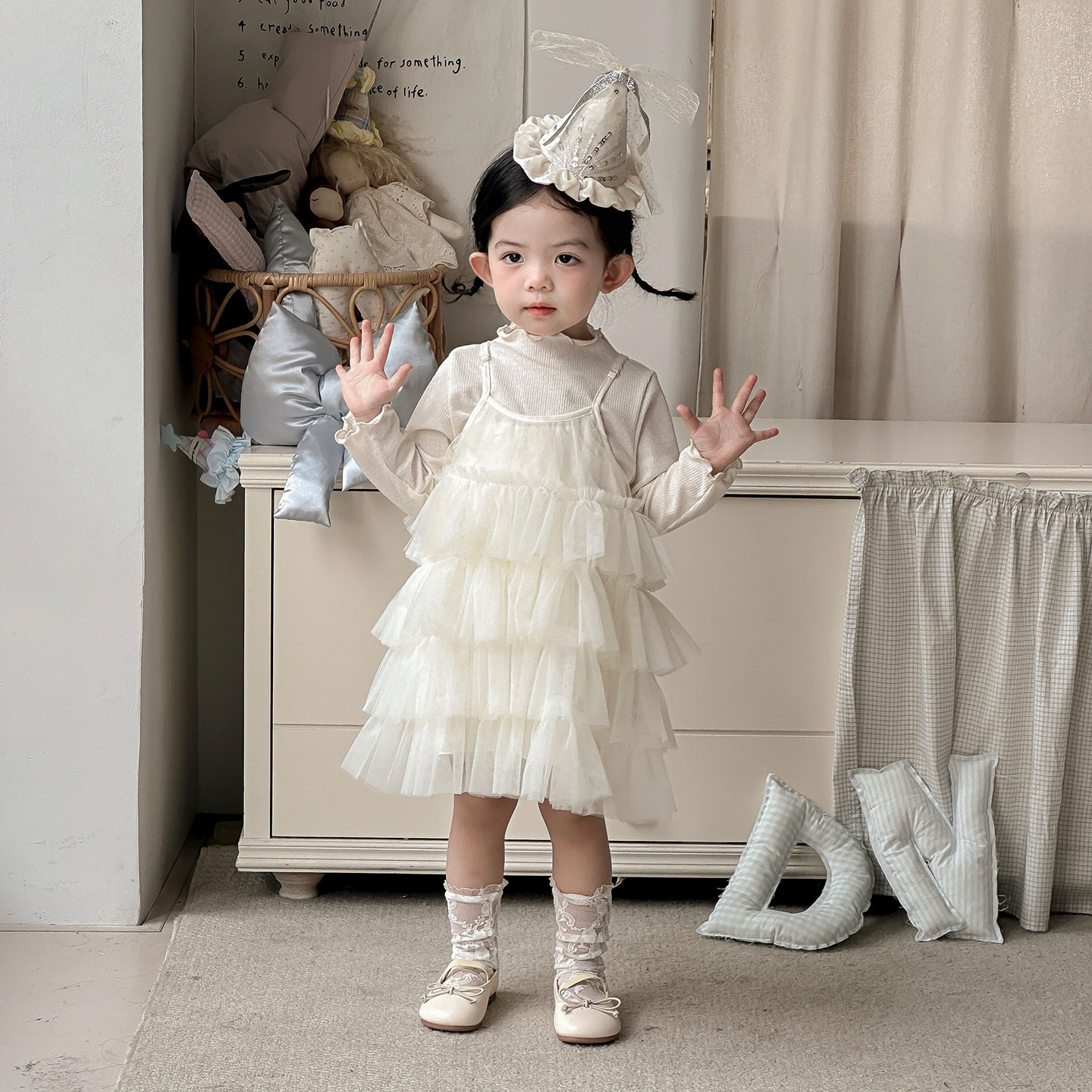 点兮春季新款婴幼儿吊带纱裙套装女宝千层蛋糕裙打底衫洋气两件套