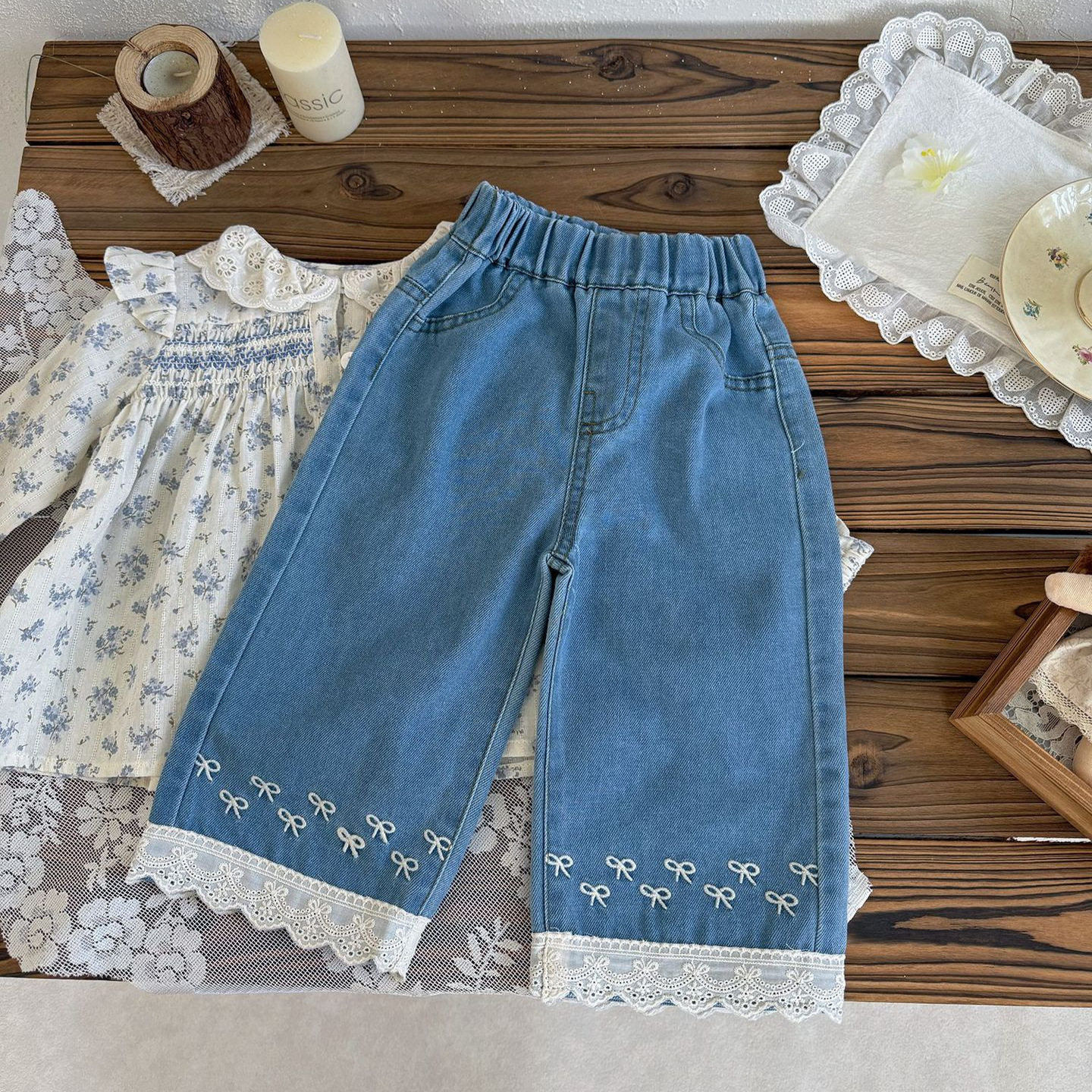 Cutemily女童装春夏棉质花边拼接牛仔裤 女宝绣花刺绣阔腿牛仔裤