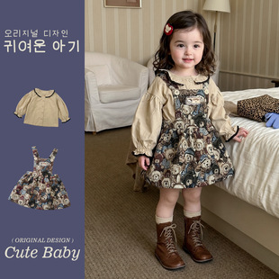 女童裙子套装2026秋季小女孩甜美风刺绣背带裙衬衫两件套韩国童装
