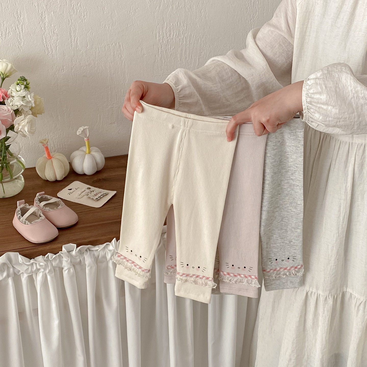 点兮春季新款婴幼儿可爱猫咪打底裤女宝裤脚拼纱洋气百搭韩版裤子