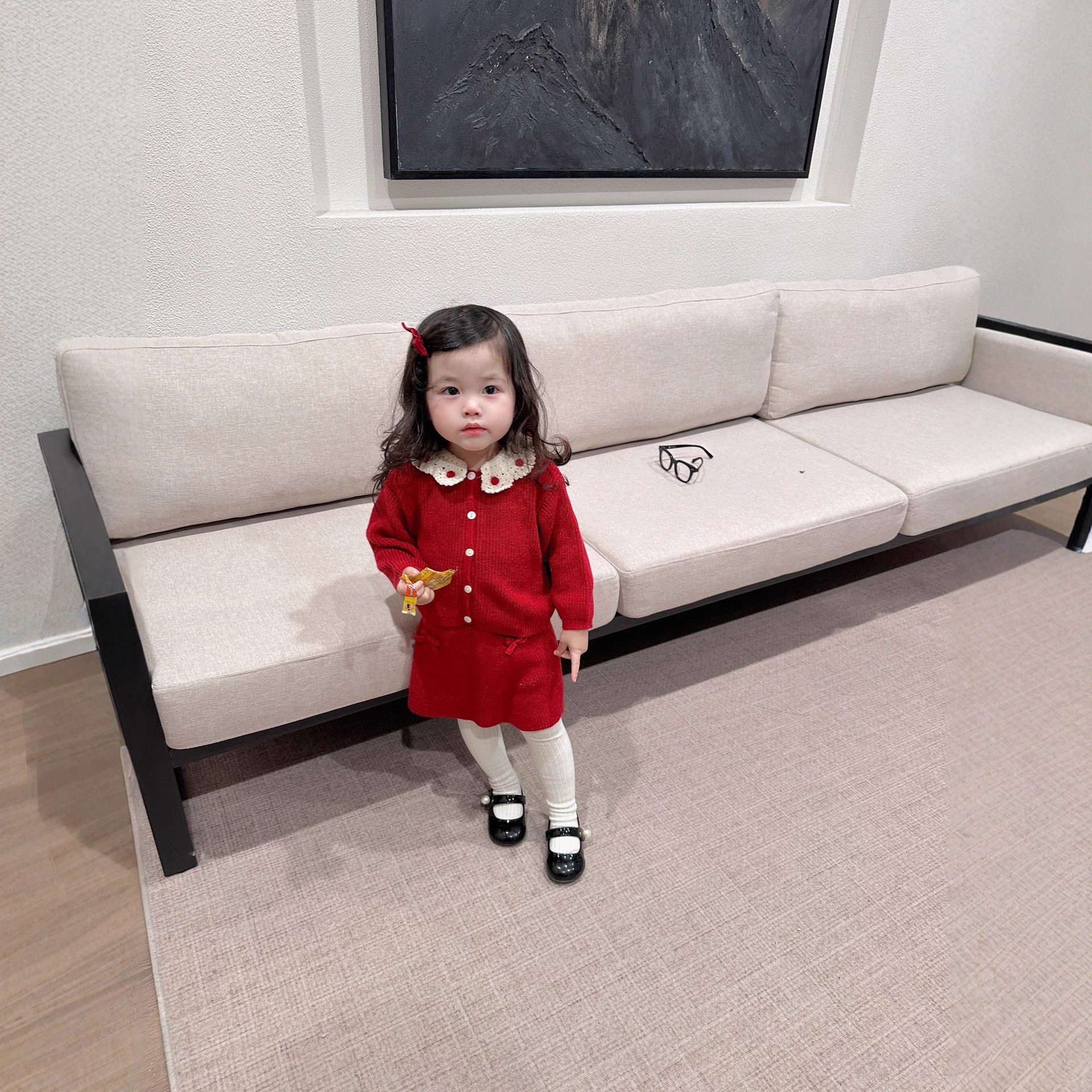 Cutemily秋冬女童复古红色毛衣开衫+蝴蝶结针织半裙女宝可爱套装