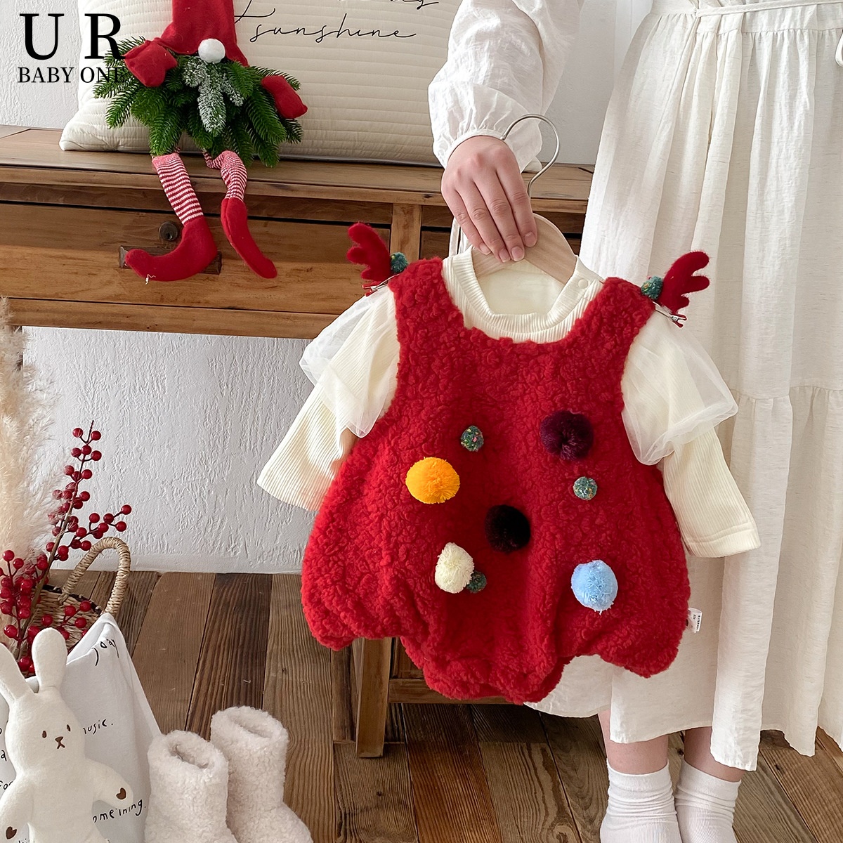 【2折专区】圣诞衣服套装婴儿冬装加绒哈衣周岁礼服新年包屁衣