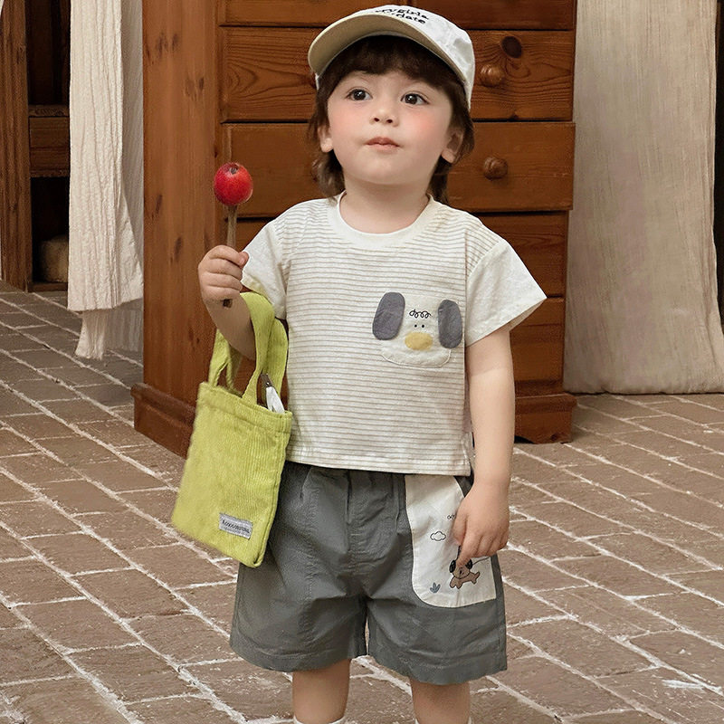 男宝夏季条纹小狗短袖T恤男童百搭卡通上衣裤子婴幼儿夏装衣服a类