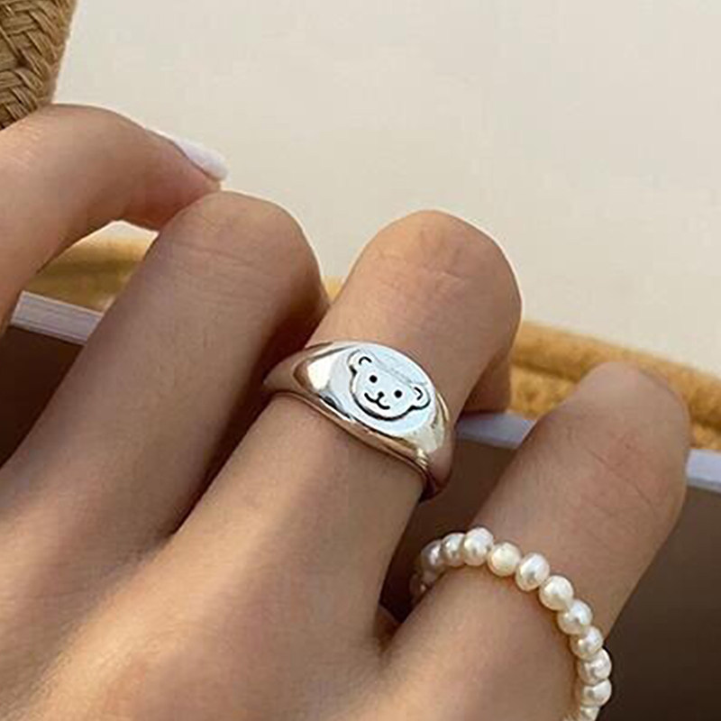 925纯银饰品可爱小熊戒指个性时尚ins女款萌系甜美清新开口指环