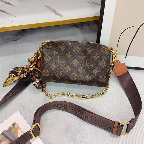 路易爱黛真皮老花小枕头包包女腋下包时尚休闲宽带单肩斜挎小包包