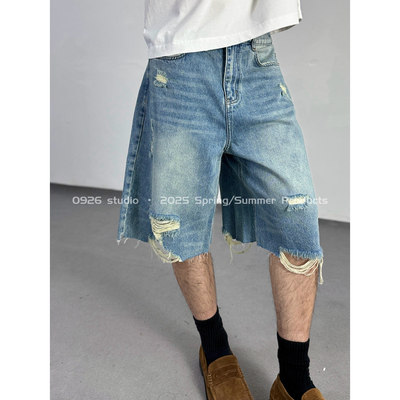 0926studio重磅做旧破洞毛边宽松牛仔短裤2025夏松紧腰阔腿五分裤