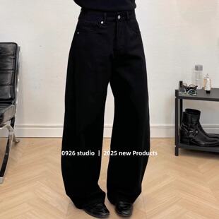 0926studio黑色白色宽松磨毛薄绒弯刀牛仔长裤 Vujade系Kenijima风
